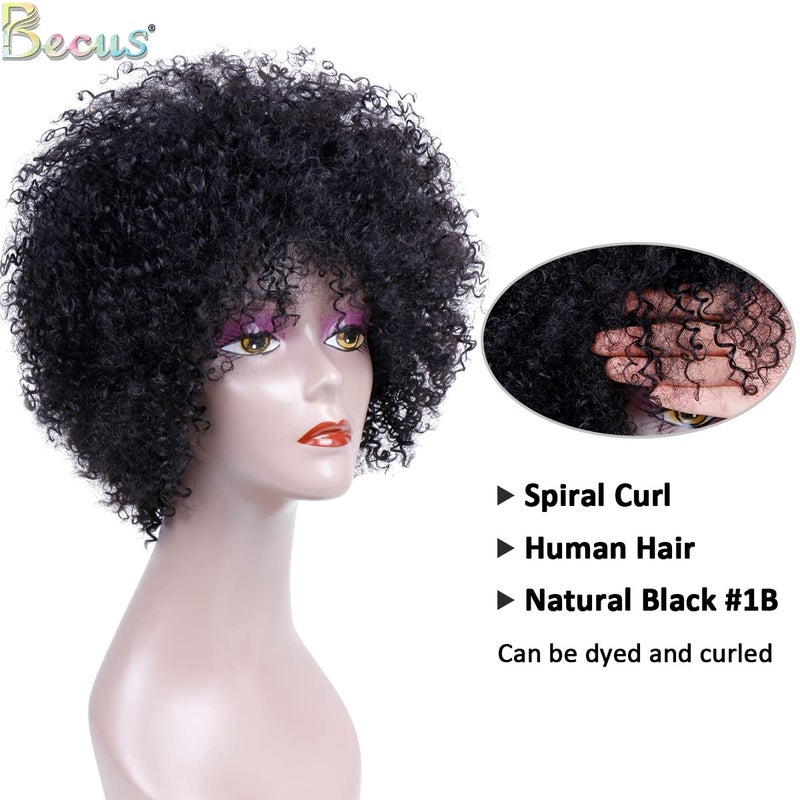 BECUS Afro Curly Wigs for Black Women Heat Resistant Brazilian Remy Human Hair Wigs(8 inches Natural Spiral Black #1B) - Image 3